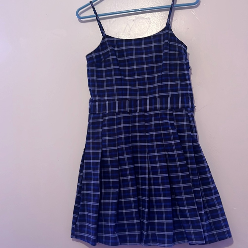 Dark blue plaid mini dress with spaghetti straps.